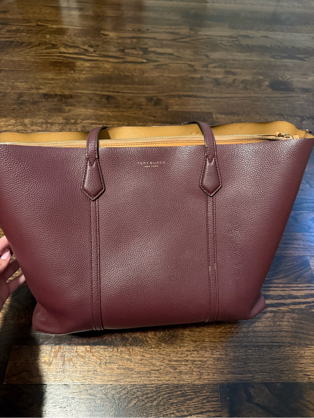 Tory Burch Two-Tone Pebbled Tote in Burgundy with Tan Trim